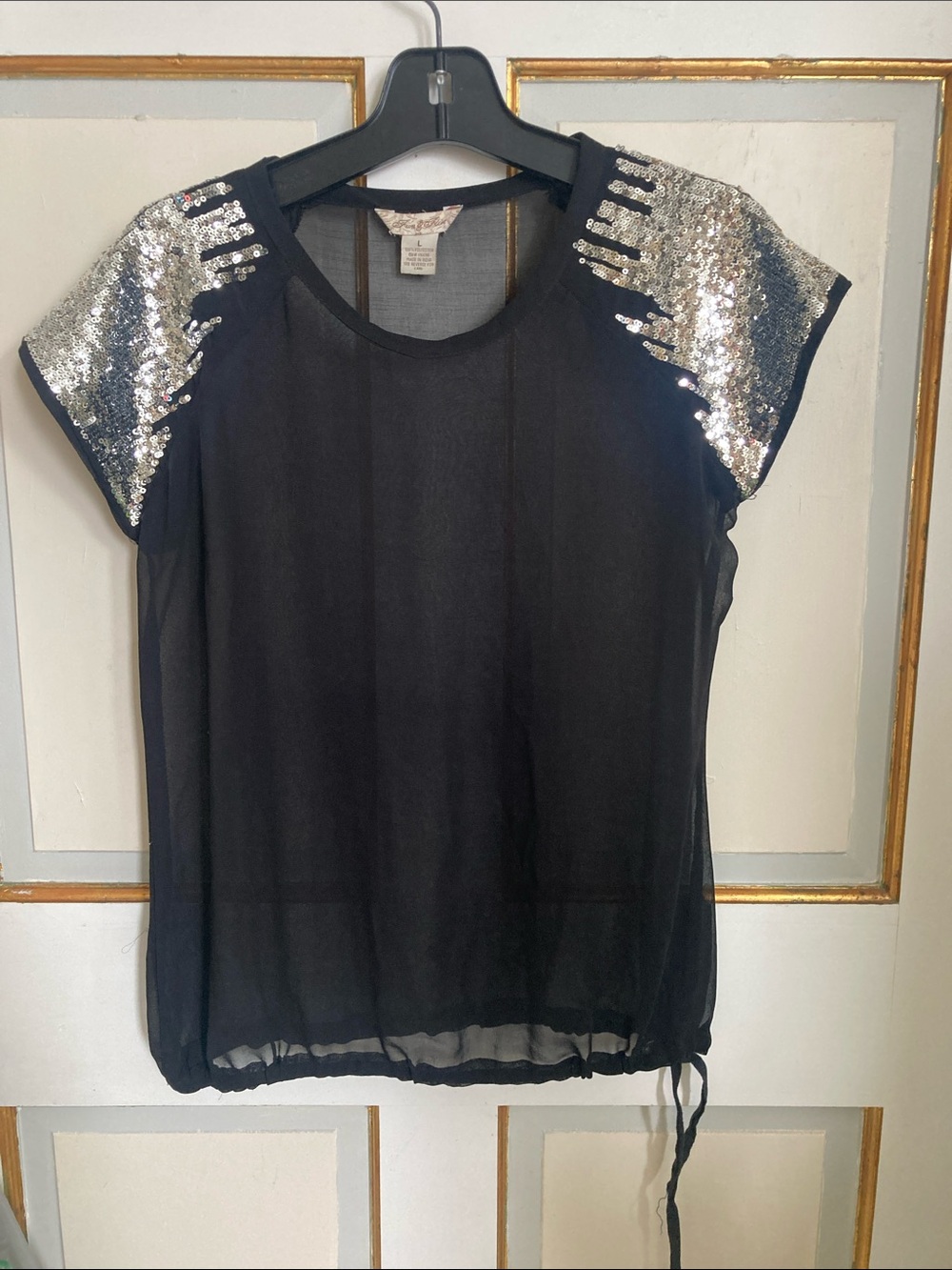 Fun & Flirt Black Sheer Top with Silver Sequin Cap Sleeves
